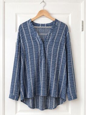 Astylish XL Blue White Stripe Henley Blouse V Neck Roll Tab Sleeve Oversized
